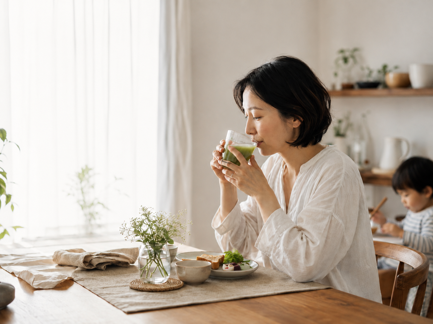 窓辺でモリンガドリンクを飲む女性と朝食のテーブル