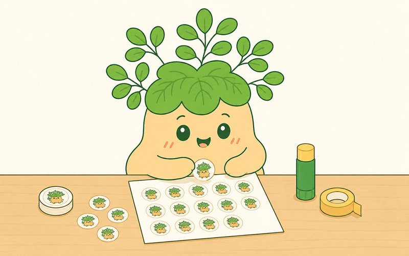 シールを紙かハガキに貼るイラスト