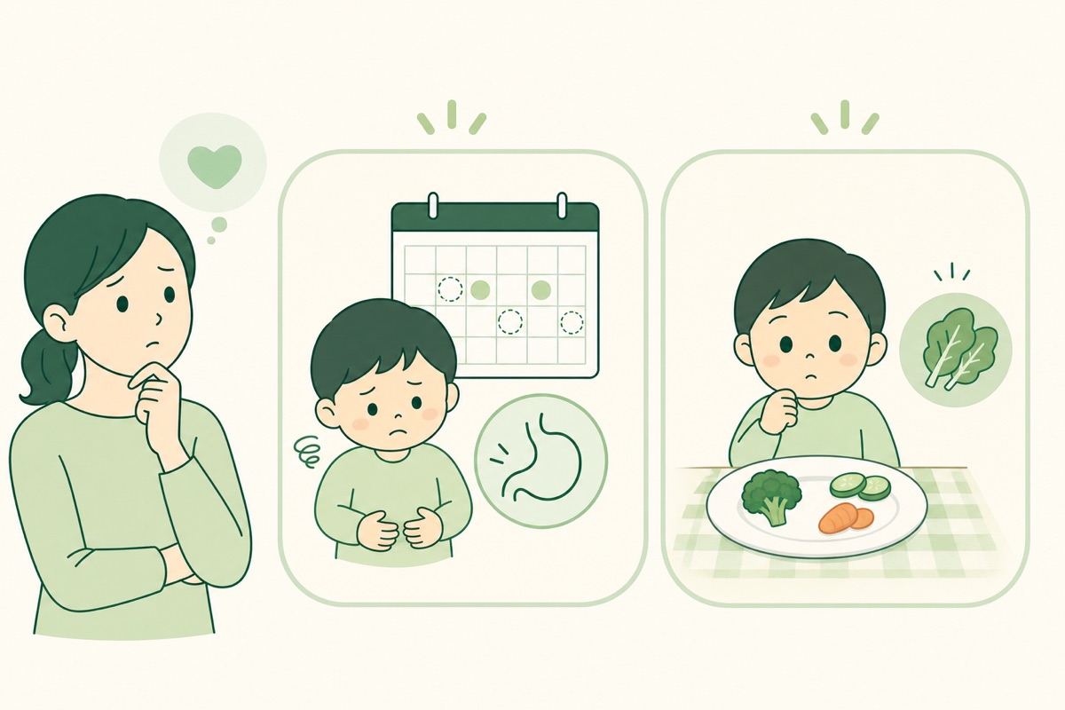 子供の野菜不足のサイン（便が硬い・食べられる野菜が少ない）を見守る母親の図解