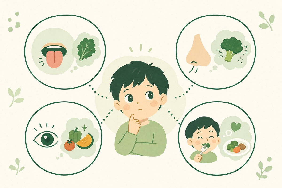 子供が野菜を食べたがらない4つの理由（苦味・におい・見た目・食体験）の図解