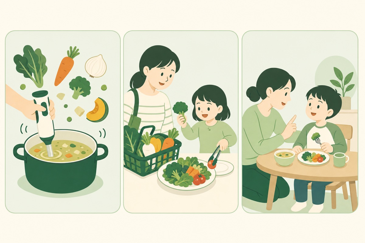 野菜嫌いの子に食べてもらう3つの工夫（調理・一緒に選ぶ・声かけ）の図解