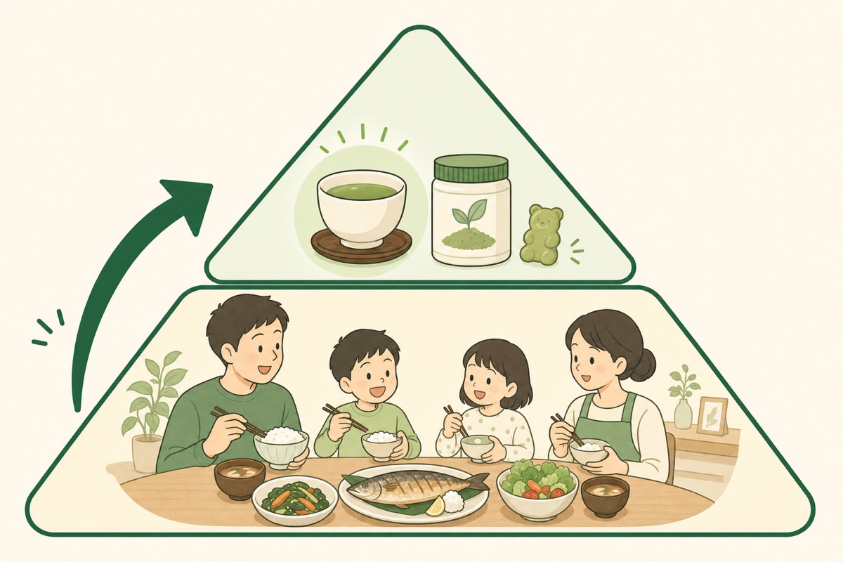 食事を土台に足りない分を補助食品で補う2層ピラミッドの図解